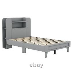 Wood Twin / Full Size Platform Bed with Storage Headboard Shelves for Kids Child