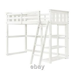 Wooden Twin Loft Bed With Storage Shelves Kids Child Bedroom Bookcase Ladder White