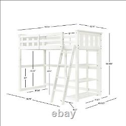 Wooden Twin Loft Bed With Storage Shelves Kids Child Bedroom Bookcase Ladder White