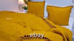 Yellow Fringes Linen Bedding Set Queen Comforter Twin Full Queen King Duvet Set