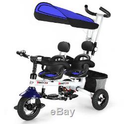 4-in-1twins Double Kid Facile Steer Poussette Jouet Tricycle Amovible Withcanopy Bleu