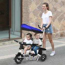 4-in-1twins Double Kid Facile Steer Poussette Jouet Tricycle Amovible Withcanopy Bleu
