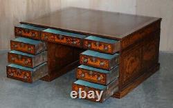 Antique Restaured Dutch Marquetry Inlaid Double Sided Twin Pedestal Partners Desk