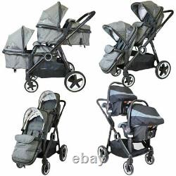 Baby Tandem Double Twin Pram Travel System Gris + Carseat, Carrycot & Raincover