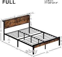Cadre de lit pleine grandeur avec tête de lit industrielle, ensemble de chambre à coucher marron, meubles et tables de nuit.
