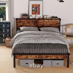 Cadre de lit pleine grandeur avec tête de lit industrielle, ensemble de chambre à coucher marron, meubles et tables de nuit.