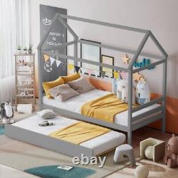 Cadre de lit pour enfants de taille jumelle en bois avec lit gigogne, maison de l'enfant, chambre de garçons en bas âge.