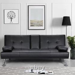 Canapé-lit futon en similicuir moderne pliable et inclinable avec porte-gobelet.