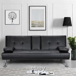 Canapé-lit futon en similicuir moderne, pliable et inclinable avec porte-gobelet