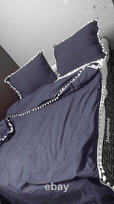 Ensemble de literie en lin à pompons noirs pour lit Queen : housse de couette pour lit Twin, lit Full, Queen ou King.