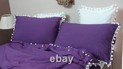 Ensemble de literie en lin avec pompons violets pour lit Queen avec housse de couette pour lit Twin, Full, Queen et King.
