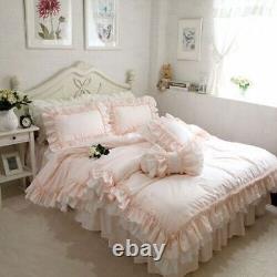 Ensembles de literie de princesse rose en coton de luxe avec double volant en dentelle pour chambre à coucher