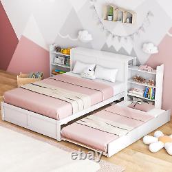 Giantex Cadre de lit complet avec lit gigogne jumeau, cadre de lit en bois avec 2 étagères roulantes