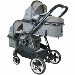 Grey Lightweight Twin Tandem Pram Stroller Inc Carrycots Footmuff - Raincover