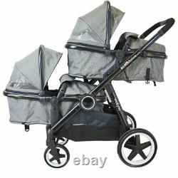 Grey Lightweight Twin Tandem Pram Stroller Inc Carrycots Footmuff - Raincover