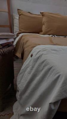 Housse de couette en coton crème et brun terreux / Housse de couette bicolore avec 4 oreillers