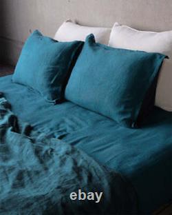 Housse de couette en lin bleu délavé avec ensemble de literie en lin Uo pour lit jumeau, complet et double.