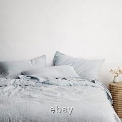 Housse de couette en lin lavé bleu ciel en lin naturel pour lit simple, lit double ou lit double intégral.