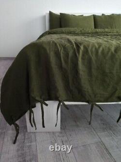 Housse de couette en lin lavé de couleur vert olive foncé pour lit double complet, queen ou king.