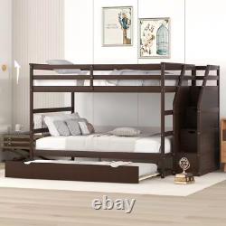 Lit superposé en bois gris jumeau sur jumeau avec lit gigogne de taille jumeau et escaliers de rangement