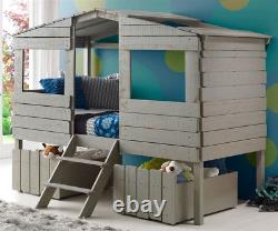 Maison de plage, cabane jumelée, lit rustique gris avec tiroirs doubles sous le lit.