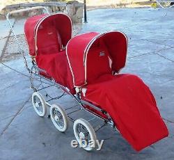 Poussette double Vintage suédoise EMMALJUNGA BABY BUS rouge avec cadre simple VIKING