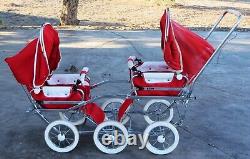 Poussette double Vintage suédoise EMMALJUNGA BABY BUS rouge avec cadre simple VIKING