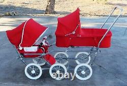 Poussette double Vintage suédoise EMMALJUNGA BABY BUS rouge avec cadre simple VIKING