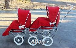 Poussette double Vintage suédoise EMMALJUNGA BABY BUS rouge avec cadre simple VIKING