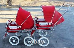 Poussette double Vintage suédoise EMMALJUNGA BABY BUS rouge avec cadre simple VIKING