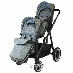 Tandem Double Twin Pram Baby Travel System Gris + Carseat, Carrycot & Raincover