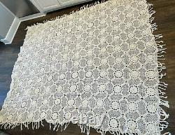 Vtg Crochet Twin Double Couvre-lit Boho Granny 77 X 89 Tassles Shabby Blanc